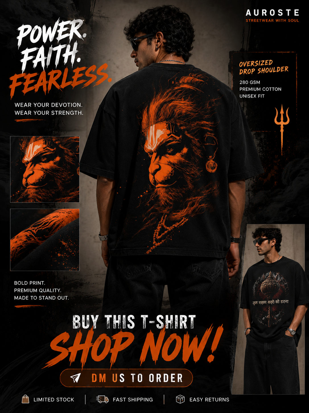 Lord Hanuman Divine Art Oversized Drop Shoulder Tee | Unisex